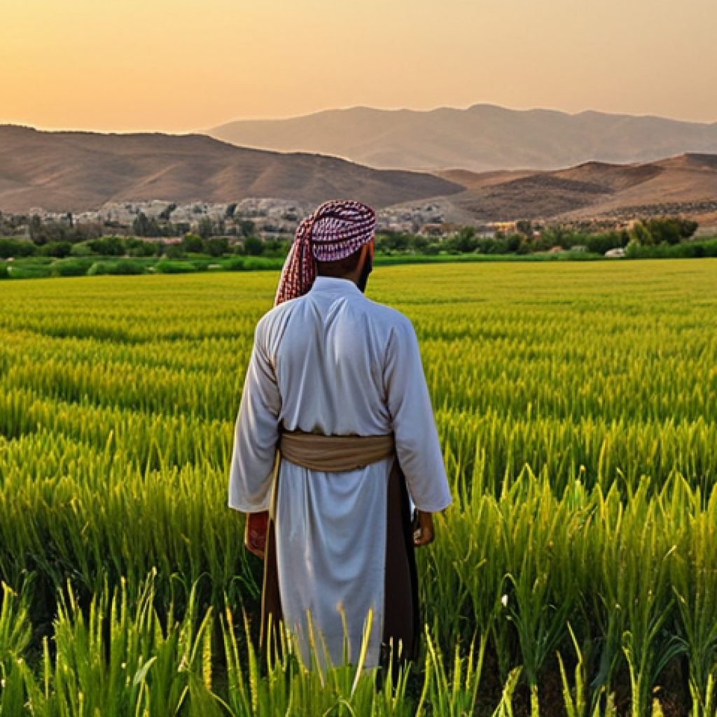**

A lush, green Jordanian wheat field at sunset. In the background, the rolling hills of Irbid stretch towards the horizon. A hardworking farmer, dressed in traditional clothing, surveys his crops with pride. The golden light catches the ripe wheat stalks, highlighting the fertility of the land. Incorporate the Urdu cultural elements to showcase the local touch.

**