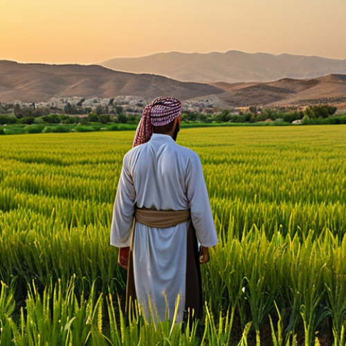 **

A lush, green Jordanian wheat field at sunset. In the background, the rolling hills of Irbid stretch towards the horizon. A hardworking farmer, dressed in traditional clothing, surveys his crops with pride. The golden light catches the ripe wheat stalks, highlighting the fertility of the land. Incorporate the Urdu cultural elements to showcase the local touch.

**