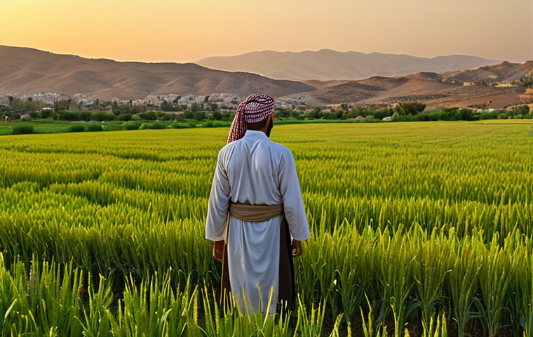 **
A lush, green Jordanian wheat field at sunset. In the background, the rolling hills of Irbid stretch towards the horizon. A hardworking farmer, dressed in traditional clothing, surveys his crops with pride. The golden light catches the ripe wheat stalks, highlighting the fertility of the land. Incorporate the Urdu cultural elements to showcase the local touch.
**