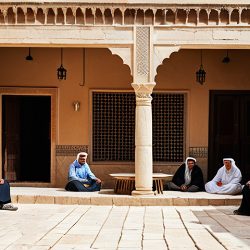 **

"A traditional Jordanian house exterior, built of stone with a central courtyard, fully clothed people relaxing in the courtyard, modest clothing, safe for work, appropriate content, natural light, perfect anatomy, correct proportions, family-friendly, professional architecture photography."

**