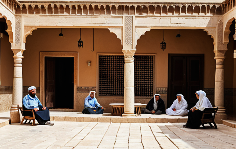 **

"A traditional Jordanian house exterior, built of stone with a central courtyard, fully clothed people relaxing in the courtyard, modest clothing, safe for work, appropriate content, natural light, perfect anatomy, correct proportions, family-friendly, professional architecture photography."

**