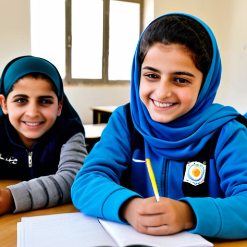 Social Welfare**

"A volunteer, fully clothed, helping children with homework in a bright community center in Amman, Jordan. The children are smiling and engaged. Safe for work, appropriate content, modest setting, perfect anatomy, natural proportions, professional photography."

**