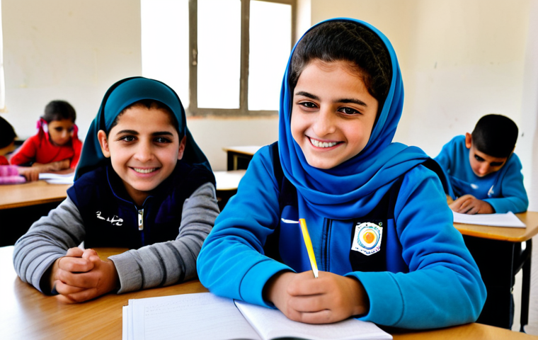 Social Welfare**

"A volunteer, fully clothed, helping children with homework in a bright community center in Amman, Jordan. The children are smiling and engaged. Safe for work, appropriate content, modest setting, perfect anatomy, natural proportions, professional photography."

**