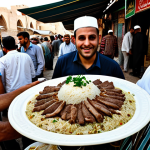 Mansaf Feast**

"A large platter of Mansaf, the Jordanian national dish, with tender lamb and fragrant rice, served in a bustling Jordanian marketplace, fully clothed people enjoying the meal, appropriate attire, safe for work, perfect anatomy, natural proportions, professional food photography, high quality, family-friendly".

**