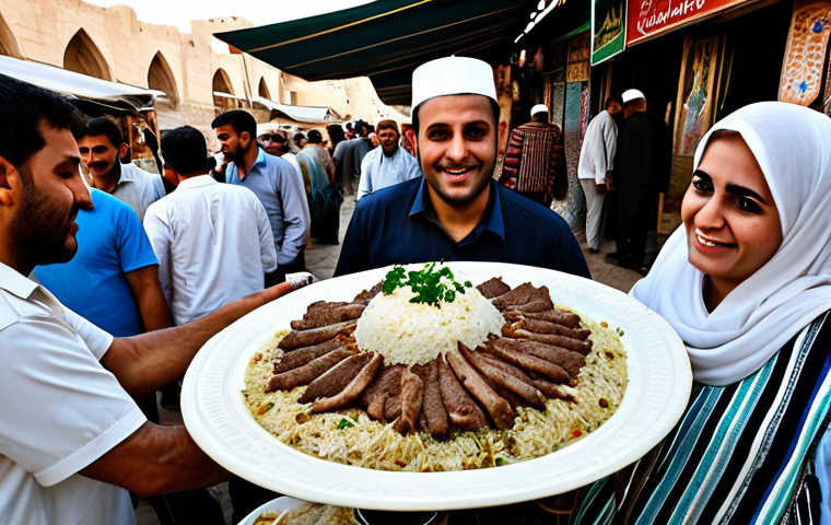 Mansaf Feast**

"A large platter of Mansaf, the Jordanian national dish, with tender lamb and fragrant rice, served in a bustling Jordanian marketplace, fully clothed people enjoying the meal, appropriate attire, safe for work, perfect anatomy, natural proportions, professional food photography, high quality, family-friendly".

**